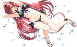  animal_ears arms_behind_head arms_up between_legs bikini black_bikini black_choker bracelet breasts cat_ears cat_tail choker female flower_choker full_body highres jewelry kousaka_tamaki large_breasts long_hair looking_at_viewer non-web_source official_art photoshop_(medium) red_eyes red_hair sandals simple_background smile solo swimsuit tail tail_between_legs to_heart_(series) to_heart_2 very_long_hair water_drop white_background 