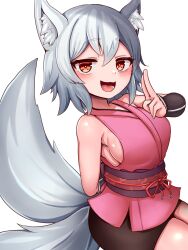  :3 animal_ear_fluff animal_ears arm_behind_back bike_shorts black_shorts blush bracer breasts cowboy_shot female fox_ears fox_girl fox_tail grey_hair grey_tail hair_between_eyes highres japanese_clothes kimono kitsu_(mon-musu_quest!) kitsune kuji-in looking_at_viewer medium_breasts mon-musu_quest! monster_girl multiple_tails open_mouth pink_kimono purple_sash raichi_(ddq0246) red_eyes sash short_hair shorts sideboob simple_background sleeveless sleeveless_kimono smile solo tail white_background 