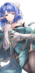  absurdres blue_eyes blue_gemstone blue_hair bow breasts brooch brown_pantyhose cleavage closed_mouth collarbone commentary_request commission darjeeling_(reley) dutch_angle elf feet_out_of_frame female gem green_robe hairbow half-closed_eyes hand_up highres jewelry large_breasts long_sleeves looking_at_viewer medium_hair moebius_(blueelfmoebius) necklace open_hands original pantyhose pointy_ears robe second-party_source simple_background single_hair_intake skeb_commission sleeves_past_wrists smile solo split_mouth standing white_background white_bow 