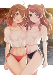  2girls absurdres ahoge bikini bikini_under_clothes black_bikini breasts brown_hair collarbone commentary_request gakuen_idolmaster halterneck hanami_saki hanami_ume highres idolmaster kumapako letterboxed medium_breasts multiple_girls navel outside_border red_bikini shirt siblings side-tie_bikini_bottom sisters stomach swimsuit white_shirt 