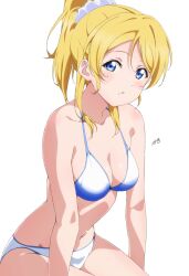  ayase_eli bikini blonde_hair blue_bikini blue_eyes breasts collarbone female hair_ornament hair_scrunchie highres large_breasts long_hair looking_at_viewer love_live! love_live!_school_idol_project nagi_mkrnpn navel ponytail scrunchie signature simple_background solo stomach swimsuit white_background white_scrunchie 