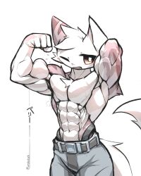  2024 abs anthro artdeitech barazoku biceps big_muscles biped domestic_cat felid feline felis flexing flexing_bicep fur hi_res looking_at_viewer male mammal muscular muscular_anthro muscular_male one_eye_closed open_mouth pecs pink_body pink_fur shirtless_anthro shirtless_male solo white_body white_fur yawn yellow_eyes 