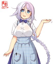  alternate_breast_size alternate_costume apron artist_logo blue_apron blue_bow blue_bowtie blue_eyes blue_skirt bow bowtie braid braided_ponytail breasts checkered_apron checkered_clothes collared_shirt cowboy_shot dated employee_uniform female gingham gingham_apron grey_hair hair_flaps hair_tie hand_up high-waist_skirt highres kanon_(kurogane_knights) kantai_collection kobeya kobeya_uniform large_breasts long_hair looking_at_viewer mole mole_under_eye notebook open_mouth pen plaid plaid_apron pocket shirt signature simple_background single_braid skirt smile solo umikaze_(kancolle) uniform very_long_hair waitress white_background white_hair white_shirt 