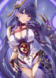  absurdres bad_id bad_pixiv_id breasts cleavage doll_joints eric_(tianqijiang) female genshin_impact gold_trim hair_ornament highres joints large_breasts long_hair looking_at_viewer mitsudomoe_(shape) mole mole_under_eye official_alternate_costume open_mouth purple_eyes purple_hair raiden_shogun raiden_shogun_(magatsu_mitake_narukami_no_mikoto) solo thighs tomoe_(symbol) very_long_hair 