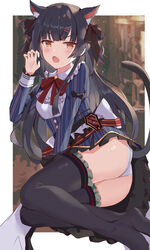  absurdres animal_ear_fluff animal_ears arm_support ass bad_id bad_pixiv_id black_hair black_ribbon black_thighhighs blue_shirt blunt_bangs bow breasts brown_eyes cat_ears cat_girl cat_tail claw_pose female hair_ornament hair_ribbon hairclip highres idolmaster idolmaster_shiny_colors long_hair long_sleeves looking_at_viewer mayuzumi_fuyuko medium_breasts no_shoes oerba_yun_fang open_mouth panties ribbon serika shirt sitting skin_fang skirt solo striped_clothes striped_shirt tail thighhighs thighs two_side_up underwear white_panties yokozuwari 