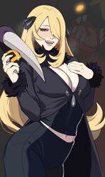  absurdres black_coat black_nails black_pants black_shirt blonde_hair breasts cleavage coat cynthia_(pokemon) female fur-trimmed_coat fur_collar fur_trim garchomp grey_eyes hair_ornament hair_over_one_eye highres long_hair long_sleeves looking_at_viewer midriff_peek navel pants poke_ball pokemon pokemon_dppt porqueloin sharp_teeth shirt smile solo_focus teeth ultra_ball v-neck very_long_hair wavy_hair 