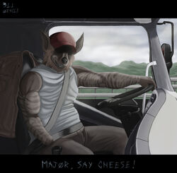  2022 5_fingers amputee anthro barrier black_bars black_nose bottomwear brown_body brown_fur brown_hyena clothed clothing dialogue digital_media_(artwork) disability driving electronics english_text fingers forest fur hat headgear headwear hidden_eyes hyena ill_oracle inside letterbox looking_at_viewer male mammal missing_hand pants plant radio shirt sitting sky smile solo steering_wheel stump taking_picture teeth text topwear tree truck_(vehicle) vehicle vest window 