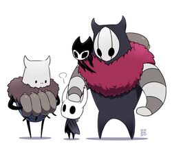  2boys 2others bad_id bad_pixiv_id brumm cloak commentary_request dated full_body fur_collar grey_cloak grimmchild headpat holding holding_instrument hollow_eyes hollow_knight horns instrument knight_(hollow_knight) looking_at_another mask multiple_boys multiple_others nail_(hollow_knight) no_humans nymm sango_(y1994318) simple_background standing weapon white_background 