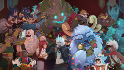  3girls 6+boys :d ahri_(league_of_legends) animal_ears arm_tattoo bare_shoulders black_gloves black_hair black_jacket bomb braid braum_(league_of_legends) breasts brown_gloves brown_hair character_doll character_request collarbone commentary_request cropped_jacket crown dark-skinned_male dark_skin ekko_(league_of_legends) explosive facial_hair facial_mark fox_ears fox_tail fur_trim gloves glowing glowing_eyes glowing_mouth goggles grey_hair grin heimerdinger highres holding illaoi isolde_(league_of_legends) jacket kitsune kyuubi large_breasts league_of_legends long_hair malphite moustache multiple_boys multiple_girls multiple_tails nunu_(league_of_legends) open_clothes open_jacket open_mouth pyke_(league_of_legends) red_background red_hair scar scar_on_face short_hair sitting smile sweat tail tattoo teemo teeth tree tree_boy viego_(league_of_legends) whisker_markings white_hair willump yangyexin yasuo_(league_of_legends) yeti_(creature) yordle ziggs 