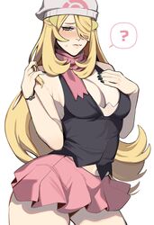  absurdres alternate_costume beanie blonde_hair blush breasts cleavage commentary cosplay cynthia_(pokemon) dawn_(pokemon) dawn_(pokemon)_(cosplay) english_commentary female grey_eyes hair_over_one_eye half-closed_eyes hat highres long_hair looking_at_viewer looking_down miniskirt poke_ball_print pokemon pokemon_dppt porqueloin scarf shirt skirt sleeveless solo thick_thighs thighs tight_clothes very_long_hair wavy_hair white_hat 