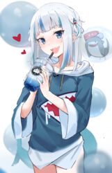  absurdres animal_costume animal_hood bad_id bad_pixiv_id blue_eyes blue_hair blue_hoodie blunt_bangs female fins fish_tail gawr_gura gawr_gura_(1st_costume) grey_hair hair_ornament haru_on highres hololive hololive_english hood hoodie medium_hair multicolored_hair shark_costume shark_girl shark_hair_ornament shark_hood shark_tail sharp_teeth streaked_hair tail teeth two_side_up virtual_youtuber wide_sleeves 