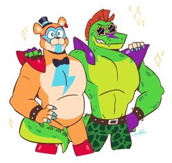  2022 5_fingers abs alligator alligatorid anthro arm_around_back arm_around_partner bear belt black_bow_tie blue_eyes bottomwear bow_tie boyfriends bracelet claws clothing countershading crocodilian digital_media_(artwork) duo ear_piercing eyewear fangs fingers five_nights_at_freddy&#039;s five_nights_at_freddy&#039;s:_security_breach fur glamrock_freddy glasses green_body green_bottomwear green_clothing hair hand_on_shoulder hat headgear headwear hi_res javigameboy jewelry male male/male mammal mohawk montgomery_gator muscular muscular_anthro muscular_male pecs piercing red_hair reptile scalie scottgames sharp_teeth shirtless simple_background sparkles spiked_bracelet spikes standing star star_glasses steel_wool_studios tail tail_around_waist tan_body tan_fur teeth top_hat white_background 