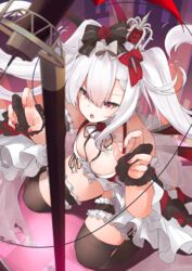  absurdres azur_lane bare_shoulders black_ribbon black_thighhighs breasts bridal_garter claw_pose collarbone commentary crown dress female flower frilled_dress frills gloves hair_between_eyes hair_ornament hair_ribbon highres kneeling long_hair looking_at_viewer miya_ur open_mouth partially_fingerless_gloves pink_nails red_eyes red_ribbon ribbon rose sidelocks small_breasts solo thighhighs twintails vampire_(azur_lane) white_hair 