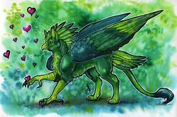  ambiguous_gender avian beak claws feathered_wings feathers feral fur grass green_beak green_body green_claws green_feathers green_fur gryphon mythological_avian mythological_creature mythology natoli paws plant smile solo standing wings 