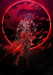  1boy angra_mainyu_(fate) bandages black_eyes black_hair dark-skinned_male dark_skin fate/hollow_ataraxia fate_(series) full-body_tattoo great_grail headband highres loincloth male_focus miwa_shirow solo tattoo walking 