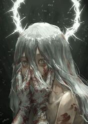  @_@ absurdres angel angel_wings arai_bokuseki blood blood_in_hair blood_on_arm blood_on_face blood_on_hands dark_background female gloves glowing glowing_halo grey_hair hair_between_eyes halo hands_on_own_face highres looking_at_viewer original solo topless upper_body white_hair wings 