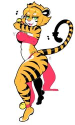  anthro bell belly_dancer belly_dancing countershading felid female fur green_eyes hi_res hypnofood looking_at_viewer mammal musical_note orange_body orange_fur pantherine sascha_(hypnofood) solo standing_on_toes striped_body striped_fur stripes tiger 