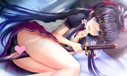  absurdres ass black_hair black_panties black_shirt blue_eyes blunt_bangs blush commentary_request dutch_angle embarrassed eyelashes feet_out_of_frame female flower hair_flower hair_ornament hair_spread_out hajimeru_sekai_no_risouron hand_up highres holding holding_sword holding_weapon katana long_hair looking_at_viewer miniskirt mogami_hinakigu nose_blush on_bed open_clothes open_mouth open_shirt panties pantyshot pink_flower pleated_skirt ponytail puffy_short_sleeves puffy_sleeves red_skirt round_teeth school_uniform shirt short_sleeves skirt solo straight_hair sweater_vest sword teeth thighs underwear upper_teeth_only very_long_hair wavy_mouth weapon white_sweater_vest xiexianglg 