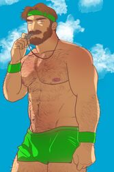  1boy abs alternate_costume bara beard bulge coach cowboy_shot dolphin_shorts facial_hair full_beard green_male_swimwear hairy headband highres large_pectorals magnum_opus_(mewniverse) male_focus male_swimwear mature_male mewniverse moustache muscular muscular_male navel navel_hair nipples outdoors pectorals sam_(mewniverse) short_hair shorts solo standing stomach thick_arm_hair thick_beard thick_chest_hair thick_eyebrows thick_leg_hair thick_navel_hair thick_thighs thighs topless_male tsurime very_hairy whistling 