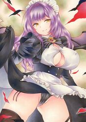  apron ass_visible_through_thighs azur_lane black_bow black_bowtie black_gloves black_panties black_thighhighs bow bowtie breasts cleavage closed_mouth clothes_lift covered_nipples devonshire_(azur_lane) dress dress_lift emblem female gloves groin hair_intakes hands_up highres large_breasts long_hair looking_at_viewer maid maid_headdress marker_(medium) panties purple_hair saya_pr side-tie_panties smile solo thighhighs traditional_media underwear waist_apron white_apron yellow_eyes 