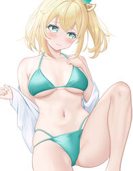  aqua_bikini aqua_eyes bikini blonde_hair feet_out_of_frame female hololive kazama_iroha long_hair looking_to_the_side md5_mismatch medium_hair multi-strapped_bikini_bottom open_clothes open_shirt seriponpoyon shirt side_ponytail simple_background sitting solo swimsuit virtual_youtuber white_background white_shirt 