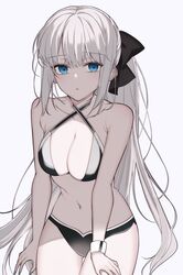  bare_shoulders bikini black_bikini black_bow blue_eyes blush bow breasts closed_mouth collarbone fate/grand_order fate_(series) female grey_hair hair_between_eyes hairbow highres large_breasts long_hair long_sleeves looking_at_viewer mati5572 morgan_le_fay_(fate) navel ponytail sidelocks simple_background solo swimsuit thighhighs thighs very_long_hair white_background 