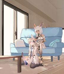  2girls absurdres animal_ear_fluff animal_ears arknights bare_shoulders beeswax_(arknights) between_legs black_pantyhose blush brown_hair cardigan_(arknights) closed_eyes closed_mouth commission couch dark-skinned_female dark_skin dress gloves goggles goggles_around_neck grey_gloves grey_hair hand_between_legs highres horns indoors multicolored_hair multiple_girls no_shoes on_couch pantyhose pillow sitting skeb_commission sleeveless sleeveless_dress suzubotan table tail two-tone_hair wariza white_dress window wooden_floor 