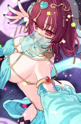  :d alternate_costume arabian_clothes atelier_(series) atelier_sophie bare_shoulders black_nails blue_mask blue_sleeves breast_curtains breasts commentary_request dancer dancing detached_sleeves female fingernails gem highres jewelry large_breasts light_particles looking_at_viewer mask mouth_veil nail_polish open_mouth red_eyes red_gemstone red_hair ryuuno6 see-through see-through_mask short_hair smile solo sophie_neuenmuller veil 