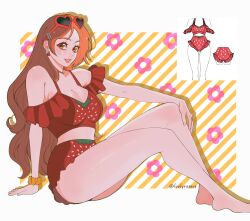  bare_shoulders barefoot bikini bleach border breasts brown_eyes brown_hair cleavage earrings eyewear_on_head female food-themed_earrings food_print full_body hair_behind_ear hair_ornament hairclip hand_on_own_knee heart heart-shaped_eyewear highres inoue_orihime jewelry large_breasts long_hair looking_at_viewer luvlyroseve midriff off-shoulder_bikini off_shoulder parted_bangs parted_lips print_bikini red_bikini scrunchie smile snowflake_hair_ornament solo strawberry_earrings strawberry_print striped_background swimsuit twitter_username white_border wrist_scrunchie 