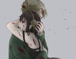  1boy bare_shoulders black_dress blonde_hair blood blood_on_clothes blood_on_face blood_on_hands crying dress female flower gold_hairband green_jacket green_suit grey_background hair_between_eyes hair_flower hair_ornament hair_stick hairband hand_in_another&#039;s_hair highres hug jacket long_hair open_mouth parted_bangs purimell red_eyes short_hair sidelocks spy_x_family suit suit_jacket tears twilight_(spy_x_family) upper_body yor_briar 