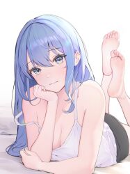  alternate_breast_size armpit_crease barefoot black_shorts blue_hair blush breasts closed_mouth collarbone eyelashes feet feet_up female hair_between_eyes head_rest hololive hoshimachi_suisei indoors looking_at_viewer lying medium_breasts on_stomach short_shorts shorts smile soles solo star_(symbol) star_in_eye strap_slip syakoko03 symbol_in_eye tank_top the_pose toes virtual_youtuber white_background white_tank_top 