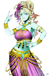  absurdres aqua_skin back_fin bare_shoulders belly_dancing blonde_hair blue_eyes bracelet breasts colored_skin commentary_request cowboy_shot curly_hair dancer dragon_quest dragon_quest_x female fins flower gold_armlet gold_bracelet hair_flower hair_ornament head_fins high_ponytail highres jewelry kanda_mijinko large_breasts leine_(dq10) looking_at_viewer midriff navel o-ring o-ring_top purple_flower purple_nails purple_skirt signature skirt solo weddie_(dq10) white_background 