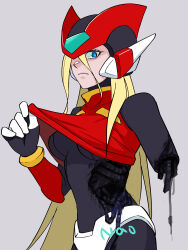  absurdres armor artist_name battle_damage bliss_zero_(mega_man) blonde_hair blue_eyes breasts cable clothes_lift cowboy_shot cropped_shirt female forehead_jewel genderswap_(mtf) grey_background helmet highres long_hair medium_breasts mega_man_(series) mega_man_zero_(series) nao_(gatita) red_armor red_helmet red_shirt rule_63 shirt shirt_lift simple_background solo svc_chaos zero(z)_(mega_man) zero_(mega_man) 