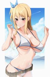  absurdres alternate_costume bare_shoulders belt bikini blonde_hair blue_ribbon blue_sky breasts brown_belt brown_eyes closed_mouth cloud cloudy_sky collarbone cowboy_shot fairy_tail female hair_ribbon highres large_breasts long_hair lucy_heartfilia navel ocean ribbon sky slope_(check238) solo stomach swimsuit thighs white_bikini 