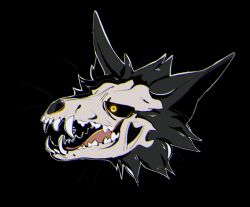  ambiguous_form ambiguous_gender black_background black_body black_ears black_fur black_inner_ear black_sclera blackscour bone cheek_tuft facial_tuft fangs fur headshot_portrait open_mouth portrait simple_background skull skull_head solo teeth tuft yellow_eyes 