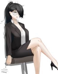  black_hair blazer breasts chair cleavage collared_shirt commentary_request crossed_legs dress_shirt drooling eroborne female glasses green_eyes high_heels high_ponytail highres hypnosis jacket large_breasts long_hair mind_control office_chair office_lady open_clothes open_jacket original parted_bangs partially_unbuttoned pencil_skirt rolling_eyes saliva shirt sitting skirt solo swivel_chair white_background 