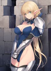  ahoge armor armored_boots armored_gloves armored_legwear black_gloves black_thighhighs blonde_hair blue_bow blue_collar blue_leotard boots bow breasts brick_wall cleavage collar covered_navel detached_collar elf female gloves green_eyes grey_background hairbow highleg highleg_leotard kirishima_satoshi large_breasts leotard long_hair looking_at_viewer original pointy_ears ponytail shoulder_armor smile solo strapless strapless_leotard thighhighs very_long_hair 