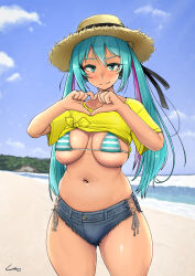  aqua_bikini aqua_hair bikini bikini_under_clothes blue_background blue_shorts blue_sky blush brazilian_miku breasts breasts_apart closed_mouth cloud commentary_request cowboy_shot day female hair_between_eyes hat hatsune_miku heart heart_hands highres horizon large_breasts long_hair looking_at_viewer multicolored_hair navel outdoors pink_hair shigekikkusu shirt short_shorts short_sleeves shorts signature sky solo straw_hat string_bikini striped_bikini striped_clothes swimsuit thick_thighs thighs torn_clothes torn_shorts twintails two-tone_hair vocaloid yellow_shirt 