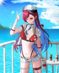  asymmetrical_bangs bikini bikini_top_only blue_hair braid cabbie_hat can character_name colored_inner_hair female fish_bone_earrings hat holding holding_can jacket multicolored_hair navel ocean punishing:_gray_raven red_bikini red_eyes red_hair see-through see-through_jacket short_shorts short_sleeves shorts smodo2132 solo star_(symbol) star_print streaked_hair suspenders swimsuit thigh_strap vera:_garnet_(wavebender)_(punishing:_gray_raven) vera_(punishing:_gray_raven) white_arm_warmers white_hat white_shorts 