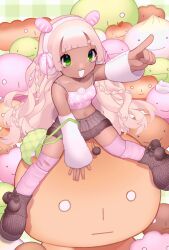  artist_name bag bag_charm blonde_hair boots breasts brown_skirt charm_(object) crop_top dark-skinned_female dark_skin female green_eyes handbag headphones highres long_hair midriff navel original pink_socks pink_tank_top pointing pom_pom_(clothes) rinihimme sitting skirt socks solo star_(symbol) star_print stuffed_toy tank_top very_long_hair white_arm_warmers zettai_ryouiki 