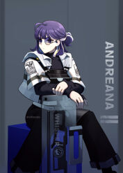  andreana_(arknights) andreana_(silent_arrow)_(arknights) arknights black_shirt blue_eyes blue_hair character_name closed_mouth colored_inner_hair female glasses highres jacket layered_sleeves long_sleeves looking_to_the_side multicolored_hair purple-tinted_eyewear purple_hair round_eyewear shirt short_hair short_over_long_sleeves short_sleeves sitting solo streaked_hair supershrimpcakes tinted_eyewear white_hair white_jacket 