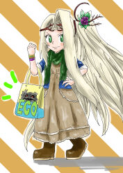  absurdres alternate_costume bag boots brown_dress brown_footwear character_print dress flower full_body green_eyes green_scarf hair_flower hair_ornament highres kicdon kid_icarus kid_icarus_uprising long_hair ponytail purple_flower rokka_(kid_icarus) scarf shopping_bag standing very_long_hair viridi wristband 