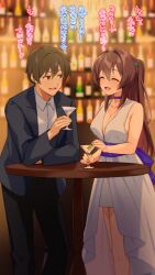  1boy back_bow bar_(place) black_jacket black_pants blue_bow blue_choker blush bottle bow breasts brown_eyes brown_hair choker cleavage closed_eyes collarbone couple cup dress drinking_glass facing_another female hair_intakes jacket katsuragi_marina kouyoku_senki_exs-tia koyubi_maru long_hair looking_at_another medium_breasts olive open_mouth pants ponytail shihou_souma shirt smile standing straight table translation_request white_dress white_shirt wine_bottle 