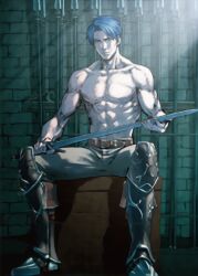  1boy abs blue_hair dark_blue_hair fire_emblem fire_emblem:_radiant_dawn fire_emblem_cipher full_body green_eyes holding holding_sword holding_weapon iwamoto_tatsurou leg_armor male_focus no_nipples official_art pectorals polearm scan short_hair sitting sword third-party_source toned toned_male topless_male weapon zelgius_(fire_emblem) 