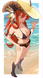  alternate_costume arknights bare_legs bare_shoulders beach belt bikini black_bikini black_footwear boots border breasts brown_belt cowboy_boots cowboy_hat dummyeq female food full_body hair_between_eyes hat holding holding_food holding_popsicle large_breasts long_hair looking_at_viewer navel ocean popsicle purple_eyes red_hair sand solo stomach surtr_(arknights) swimsuit wet white_border 