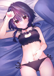  9-nine- alternate_costume bare_arms bell black_bra black_choker black_hair black_panties blush bra breasts cat_cutout cat_ear_panties cat_lingerie ch2sh choker clenched_hand closed_mouth clothing_cutout commentary_request cowboy_shot dutch_angle eyes_visible_through_hair female frilled_bra frills groin hair_between_eyes hair_intakes hand_on_own_stomach hand_up highres jingle_bell looking_at_viewer lying meme_attire navel neck_bell on_back on_bed panties red_eyes revision short_hair_with_long_locks shy side-tie_panties small_breasts solo underwear underwear_only yuuki_noa 