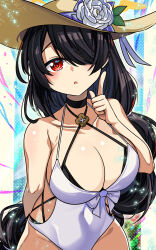  :o arm_behind_back bare_shoulders bikini black_bikini black_choker black_hair blue_archive breasts casual_one-piece_swimsuit choker cleavage collarbone commentary_request covered_navel cowboy_shot criss-cross_halter female flower hair_between_eyes hair_over_one_eye halo halterneck hand_up hat hat_flower highres hinata_(blue_archive) hinata_(swimsuit)_(blue_archive) index_finger_raised large_breasts layered_swimsuit light_blush long_hair looking_at_viewer multi-tied_hair official_alternate_costume one-piece_swimsuit parted_lips red_eyes sidelocks solo standing sun_hat swimsuit very_long_hair white_one-piece_swimsuit yasume_yukito yellow_halo yellow_hat 