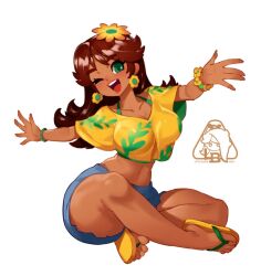  blue_shorts brown_hair earrings female flower flower_earrings green_eyes hair_flower hair_ornament jewelry little123blood long_hair looking_at_viewer mario_(series) midriff navel one_eye_closed open_mouth princess_daisy sandals shirt shorts signature smile tan yellow_shirt 