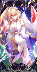  altheavin angel_wings armlet blonde_hair bracer breasts bridal_gauntlets dress feathered_wings female flower hair_flower hair_ornament highres jewelry large_breasts laurel_crown lightning long_braid lyrael_(princess_connect!) princess_connect! sitting solo tarot the_emperor_(tarot) white_dress wings 