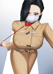  black_eyes black_hair blueorca breasts bright_pupils brown_coat coat collar commentary english_commentary female hair_over_one_eye highres holding_own_leash large_breasts long_hair looking_at_viewer mask mole mole_under_eye mouth_mask nail_polish original pink_nails red_collar red_leash solo trench_coat white_mask white_pupils 